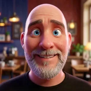 Pixar-style cartoon portrait of Matthias: a bald man with a full grey beard and bright blue eyes, grinning warmly. The background shows a cozy café rendered in indigo, rust red and warm browns.